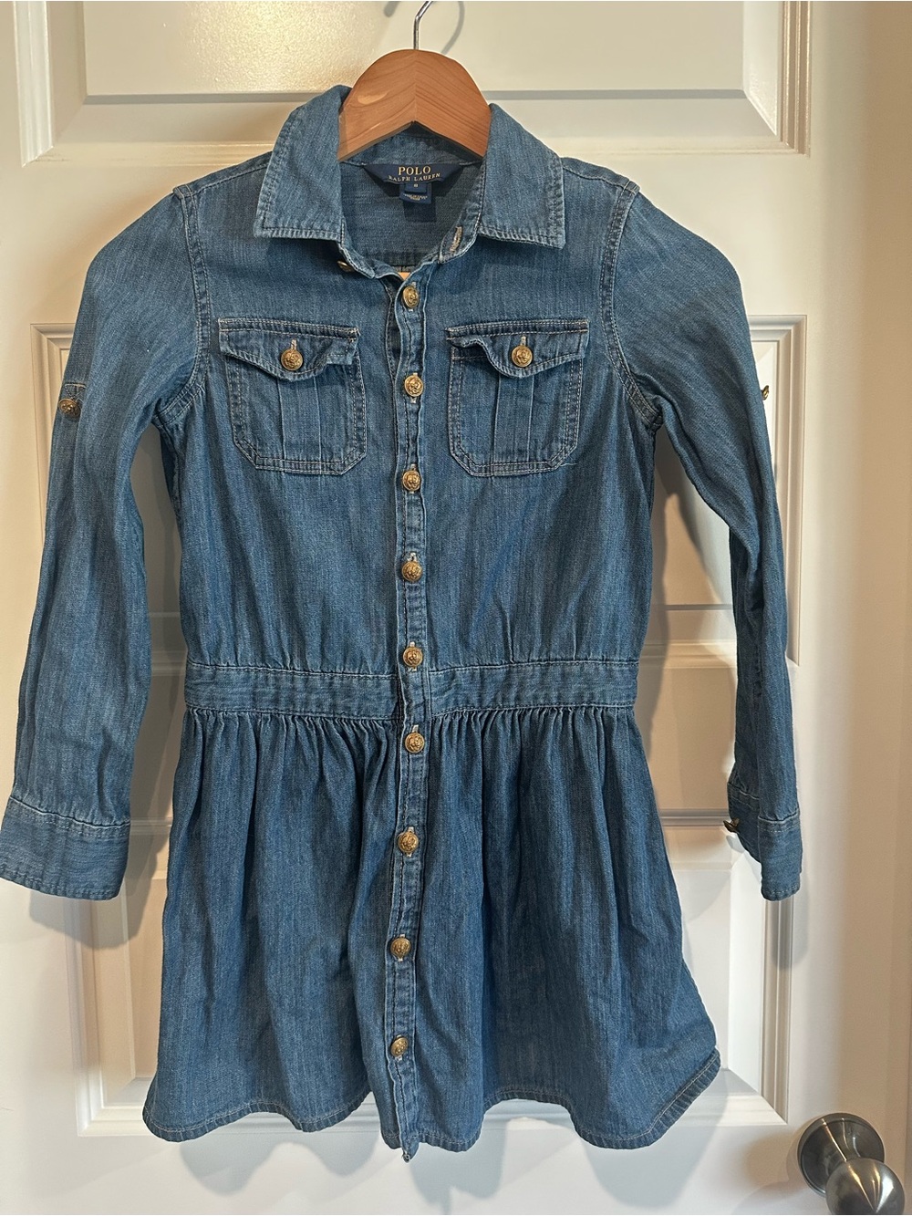 Polo Ralph Lauren Girls Size 8 Chambray Shirt Dress Denim Button Front EUC